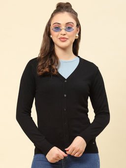 Monte Carlo - Womens Solid Black V Neck Full Sleeve Cardigan