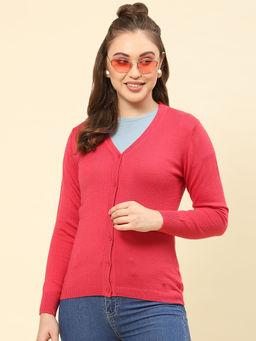 Monte Carlo - Womens Solid Pink V Neck Full Sleeve Cardigan