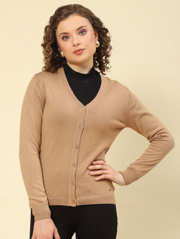 Monte Carlo - Womens Solid Beige V Neck Full Sleeve Cardigan
