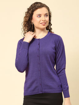 Monte Carlo - Womens Solid Purple Round Neck Full Sleeve Cardigan