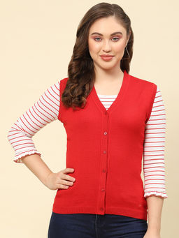 Monte Carlo - Womens Solid Red V Neck Sleeveless Cardigan