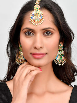 Silvermerc Designs - Gold Plated And Green Meenakari Peacock Design Maang Tikka With Earrings