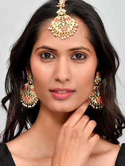 Silvermerc Designs - Women Gold-Plated Red And White Kundan Studded Maang Tikka With Earrings