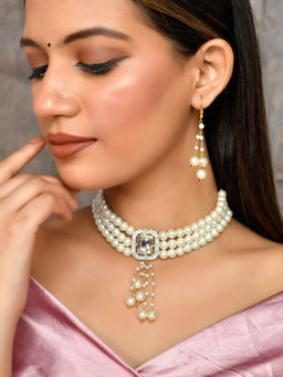 Silvermerc Designs - Pearl Kundan Brooch Choker Jewellery Set