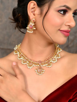 Silvermerc Designs - Gold Plated Pink Stone Studded Jewellery Set