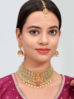 Silvermerc Designs - Gold Plated Red And Green Stone Studded Laxmi Jewellery Set