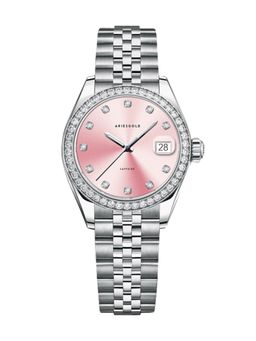 Aries Gold - Heritage Quartz Pink Crystal Round Sapphire Glass Dial Womens Watch - L 1070 S-PK