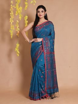 CHARUKRITI - Cobalt Blue Cotton Woven Jamdani Designs Saree with Unstitched Blouse