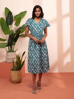 Likha - Syaahi Indigo Jaipuri Printed Midi Dress LIKDRS28