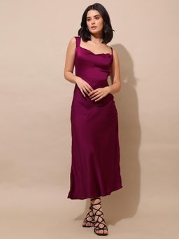 PURVAJA - Women Solid Wine Flared Midi Dress