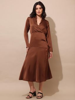PURVAJA - Women Solid Brown Flared Midi Dress