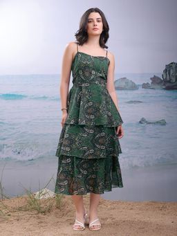 PURVAJA - Floral Printed Green Bodycon Midi Dresses
