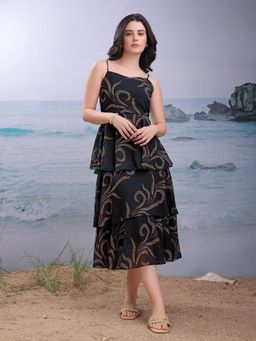 PURVAJA - Floral Printed Black Bodycon Midi Dresses