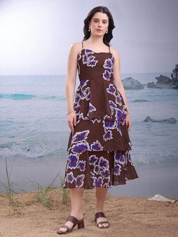 PURVAJA - Floral Printed Brown Bodycon Midi Dresses