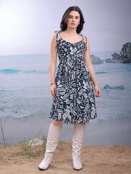 PURVAJA - Printed Navy Blue Mermaid Knee Dress