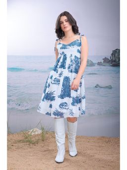 PURVAJA - Printed White Mermaid Knee Dress