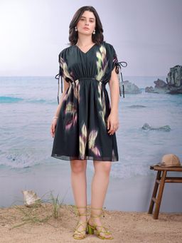 PURVAJA - Floral Printed Black Fit and Flare Mini Dress