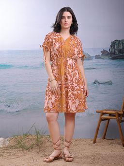 PURVAJA - Floral Printed Mustard Fit and Flare Mini Dress