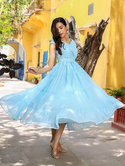 Noun - Vanessa Sky Blue Flared Midi Dress with Belt (Set of 2)