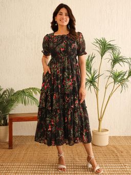 Noun - Amelie Black Floral Midi Dress
