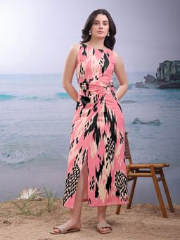 PURVAJA - Abstract Printed Peach Twisted Midi Dresses