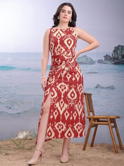 PURVAJA - Printed Red Twisted Midi Dresses