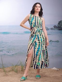 PURVAJA - Abstract Printed Beige Twisted Midi Dresses