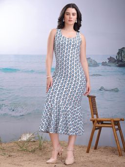 PURVAJA - Floral Printed White Mermaid Midi Dresses