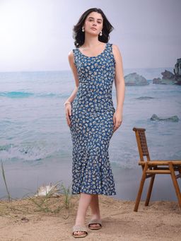 PURVAJA - Printed Blue Mermaid Midi Dresses