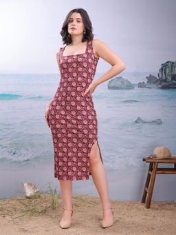 PURVAJA - Printed Maroon Bodycon Midi Dresses