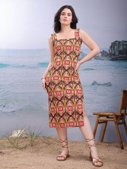 PURVAJA - Printed Maroon Bodycon Midi Dresses