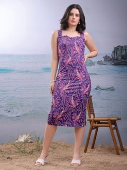 PURVAJA - Floral Printed Purple Bodycon Midi Dresses