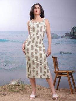 PURVAJA - Paisley Printed Off White Bodycon Midi Dresses