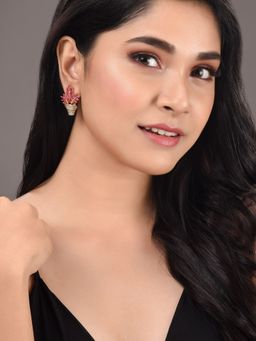 Saraf RS Jewellery - Gold Plated Magenta AD Studded Flower Bouquet Shaped Stud Earrings