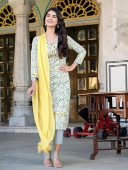 Gahan - Womens Yellow Printed Kurta with Pant & Dupatta