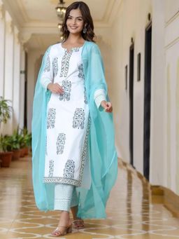 Gahan - Womens Sky Blue Printed Kurta with Pant & Dupatta
