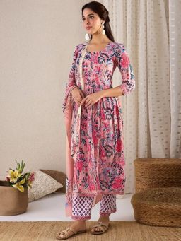 Gahan - Womens Pink Floral Printed Anarkali Kurta with Pant & Dupatta