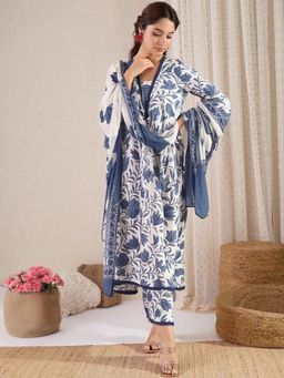 Gahan - Womens White Floral Printed Anarkali Kurta with Pant & Dupatta