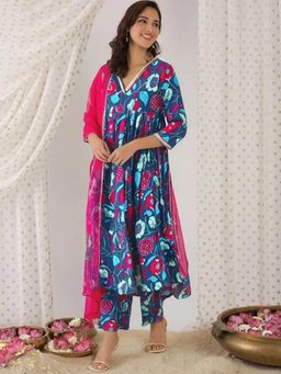 Gahan - Womens Blue Floral Printed Anarkali Kurta with Pant & Dupatta