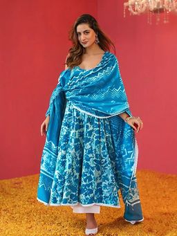Gahan - Womens Sky Blue Floral Printed Anarkali Kurta with Pant & Dupatta