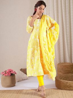 Gahan - Womens Yellow Floral Printed Anarkali Kurta with Pant & Dupatta