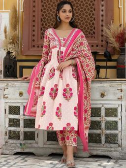 Gahan - Womens Pink Floral Printed Anarkali Kurta with Pant & Dupatta