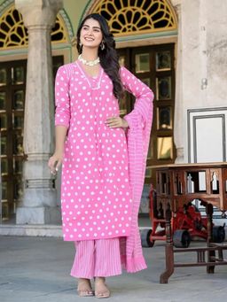 Gahan - Womens Pink Polka Dots Printed Kurta with Pant & Dupatta