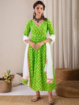 Gahan - Womens Green Printed Anarkali Kurta with Pant & Dupatta