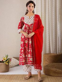 Gahan - Womens Red Floral Printed Anarkali Kurta with Pant & Dupatta