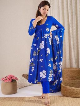 Gahan - Womens Blue Floral Printed Anarkali Kurta with Pant & Dupatta