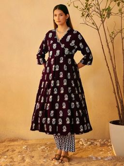Gahan - Womens Purple Floral Printed Anarkali Kurta with Pant & Dupatta