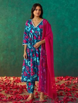 Gahan - Womens Blue Floral Printed Anarkali Kurta with Pant & Dupatta