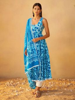 Gahan - Womens Blue Floral Printed Anarkali Kurta with Pant & Dupatta