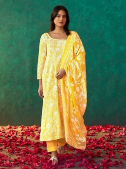 Gahan - Womens Yellow Floral Printed Anarkali Kurta with Pant & Dupatta